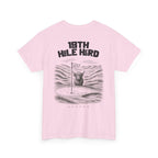 Pink t-shirt with graphic design and text on a white background