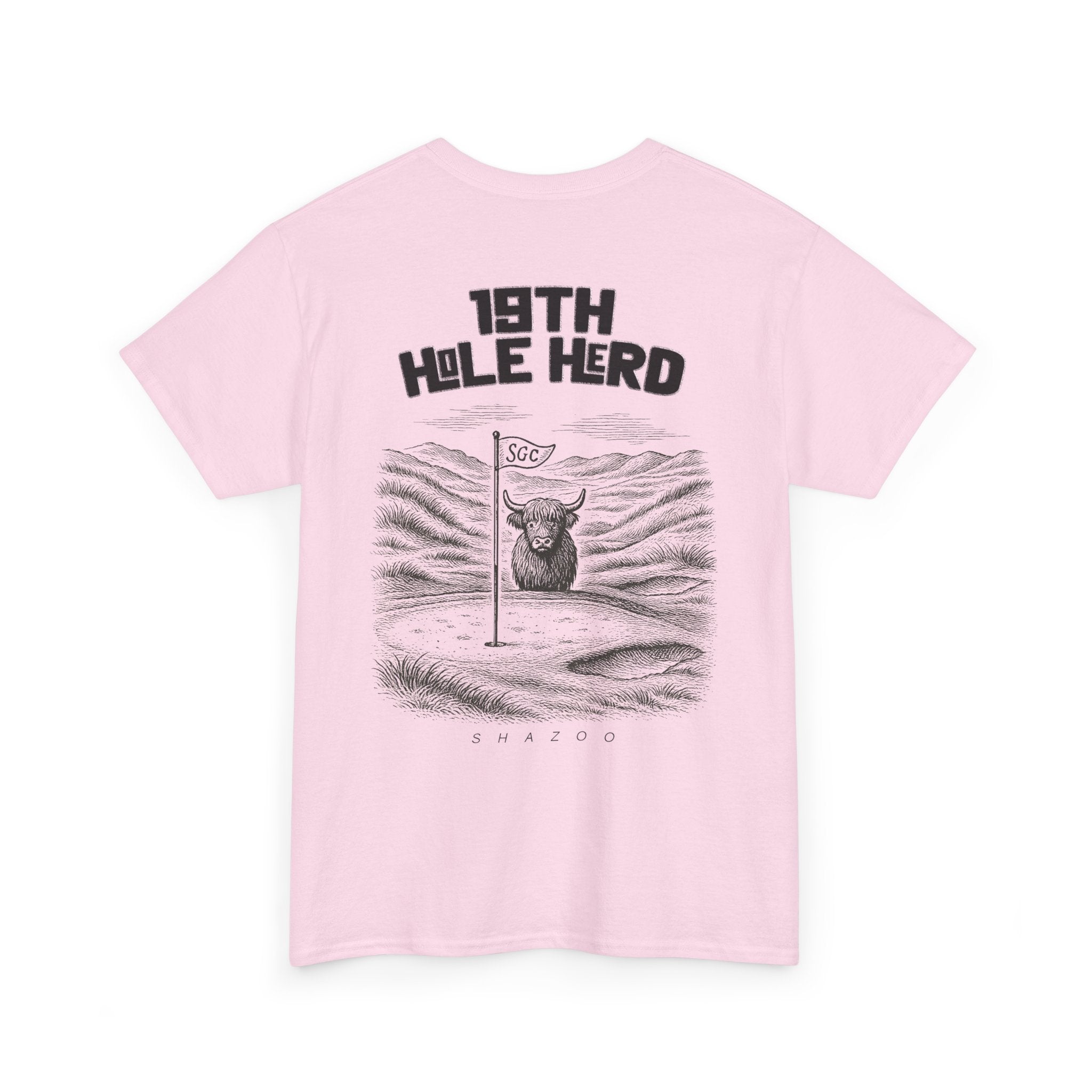 Pink t-shirt with graphic design and text on a white background